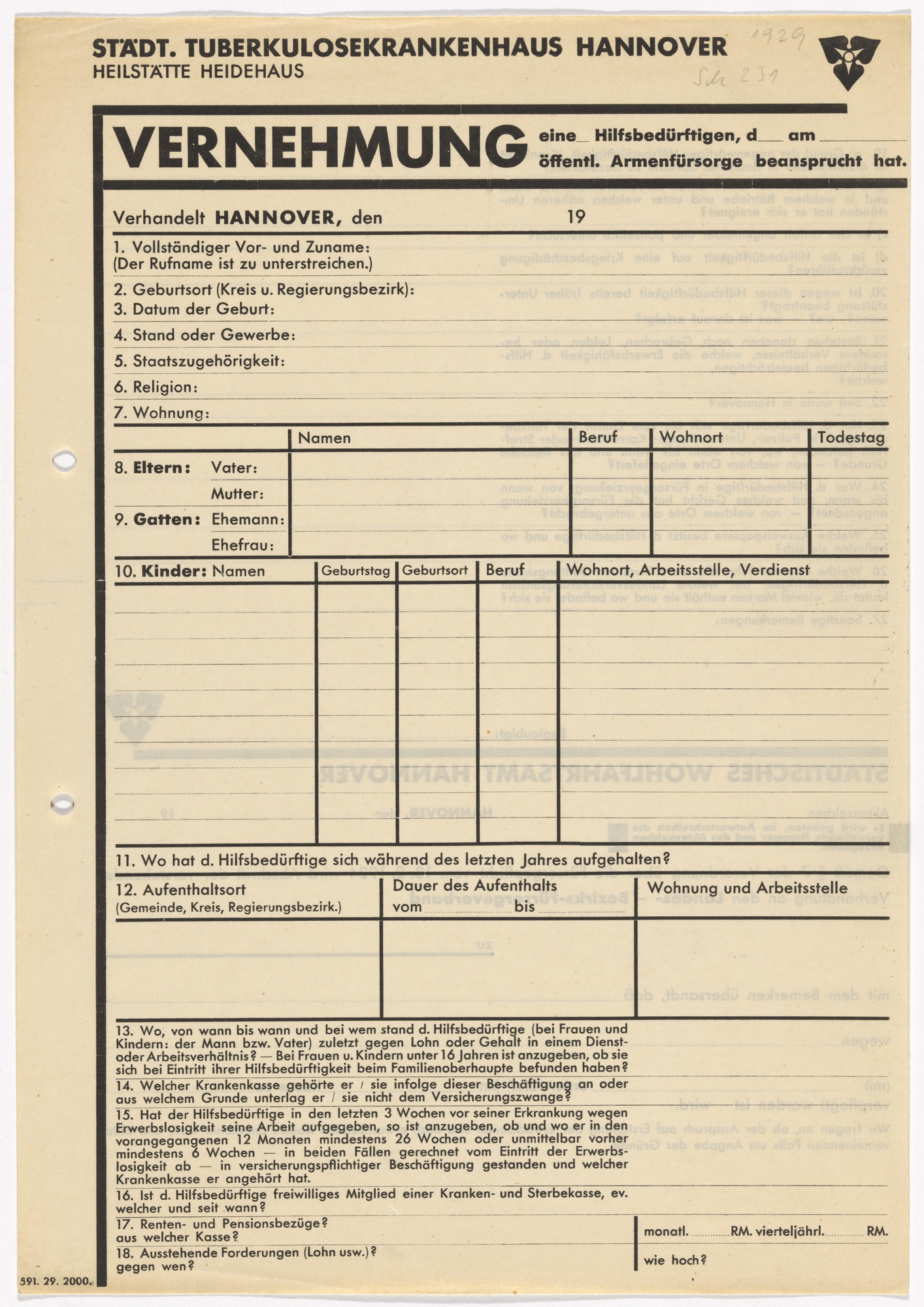 Kurt Schwitters. Stationery questionnaire for the State Tuberculosis Hospital, Sanitorium Heidehaus (Städtisches Tuberkulosekrankenhaus Heilstätte Heidehaus)