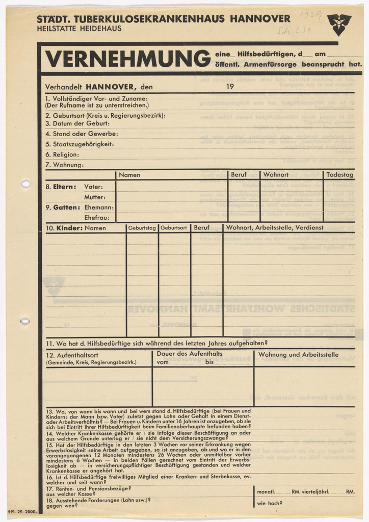 Stationery questionnaire for the State Tuberculosis Hospital, Sanitorium Heidehaus (Städtisches Tuberkulosekrankenhaus Heilstätte Heidehaus)