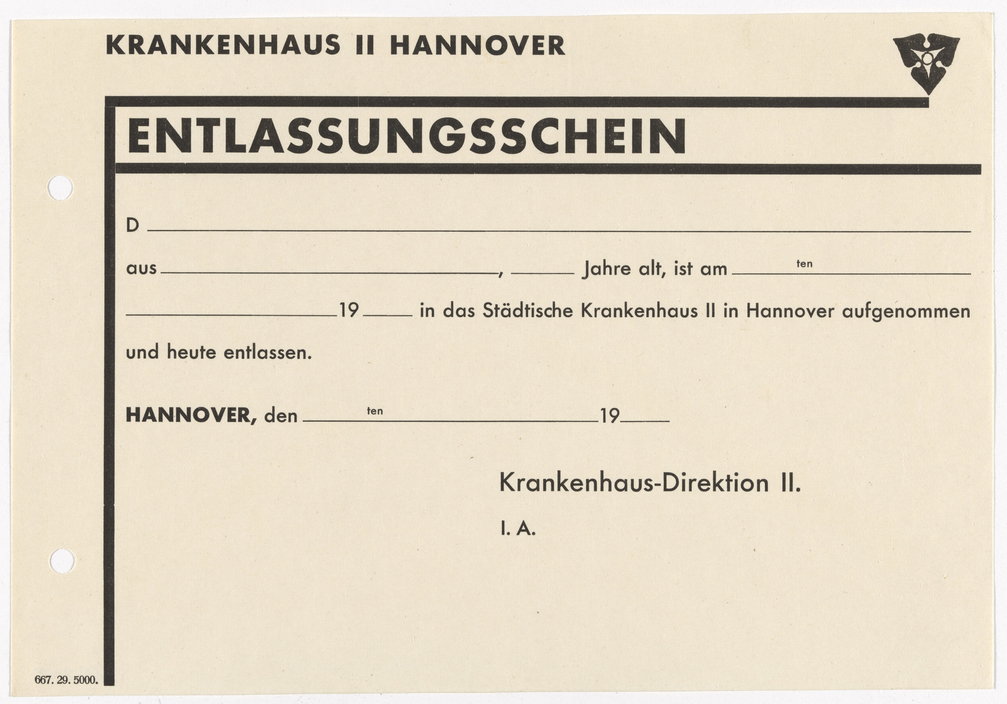 Kurt Schwitters. Stationery discharge certificate for the Hannover Hospital II (Krankenhaus II)