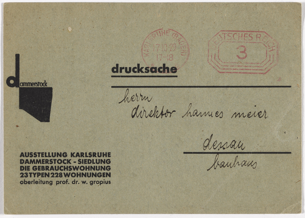 Postcard for the exhibition Dammerstock Housing Estate: The Functional Dwelling (Dammerstock-Siedlung, Die Gebrauchswohnung, Karlsruhe) (Addressed to Bauhaus Director Hannes Meyer)
