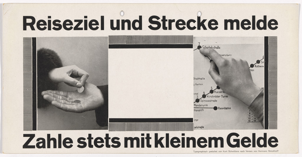 Notice for display in streetcar, for Üstra (Überlandwerke und Strassenbahnen Hannover AG) (Notice reads, "Inform us of your route and where you want to go. And then pay us please use small change, once we know.")