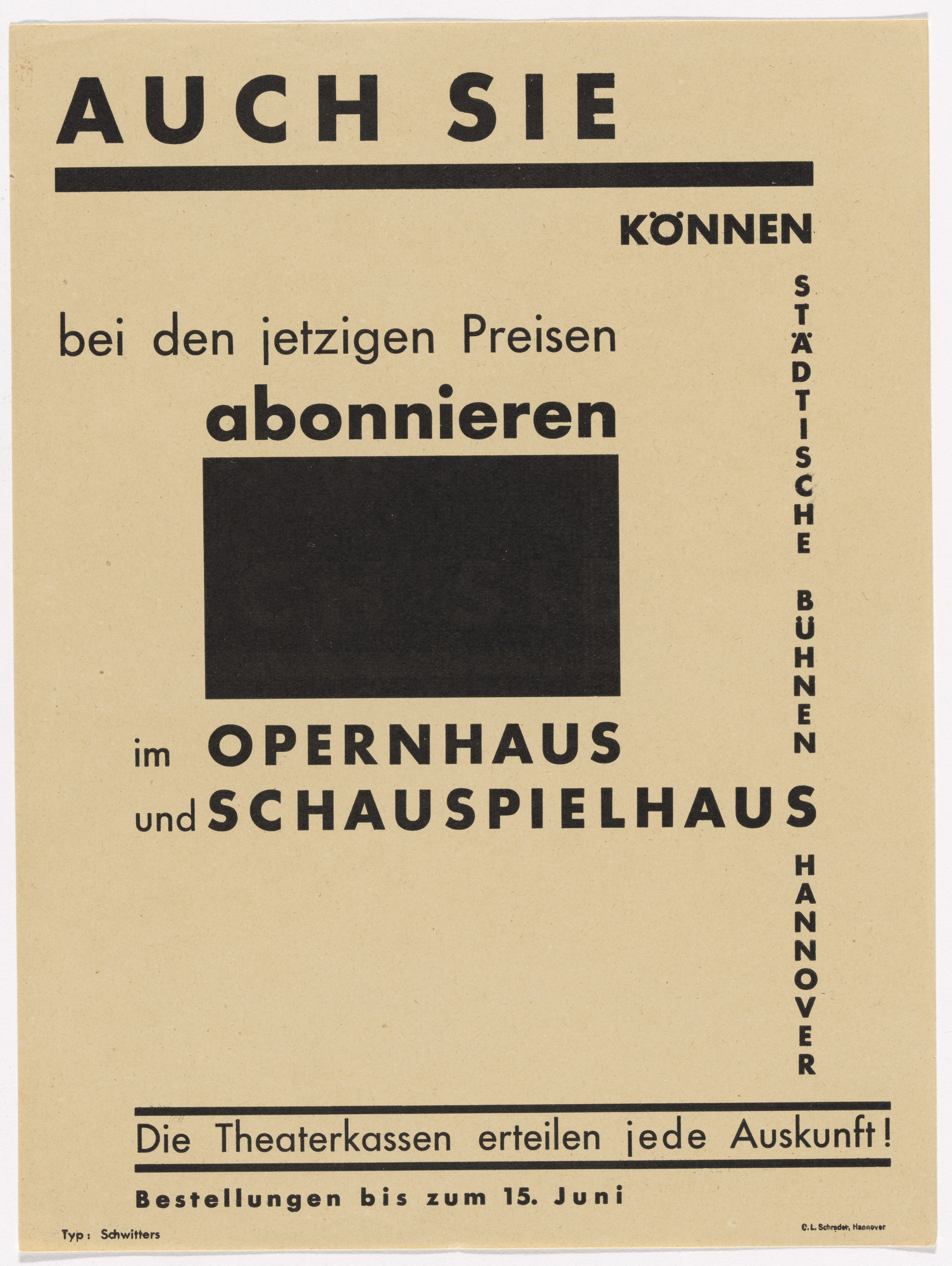 Kurt Schwitters. Advertising flyer for subscriptions to the Opera House and Playhouse of the Hannover Municipal Theaters (Städtische Bühnen Hannover)
