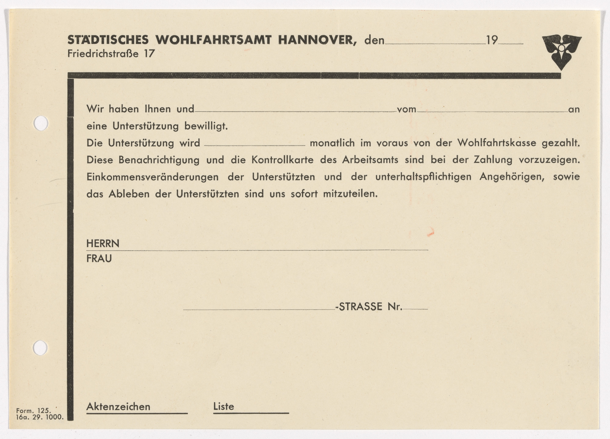 Kurt Schwitters. Stationery payment allotment from the State Welfare Office (Stadtisches Wohlfartsamt)