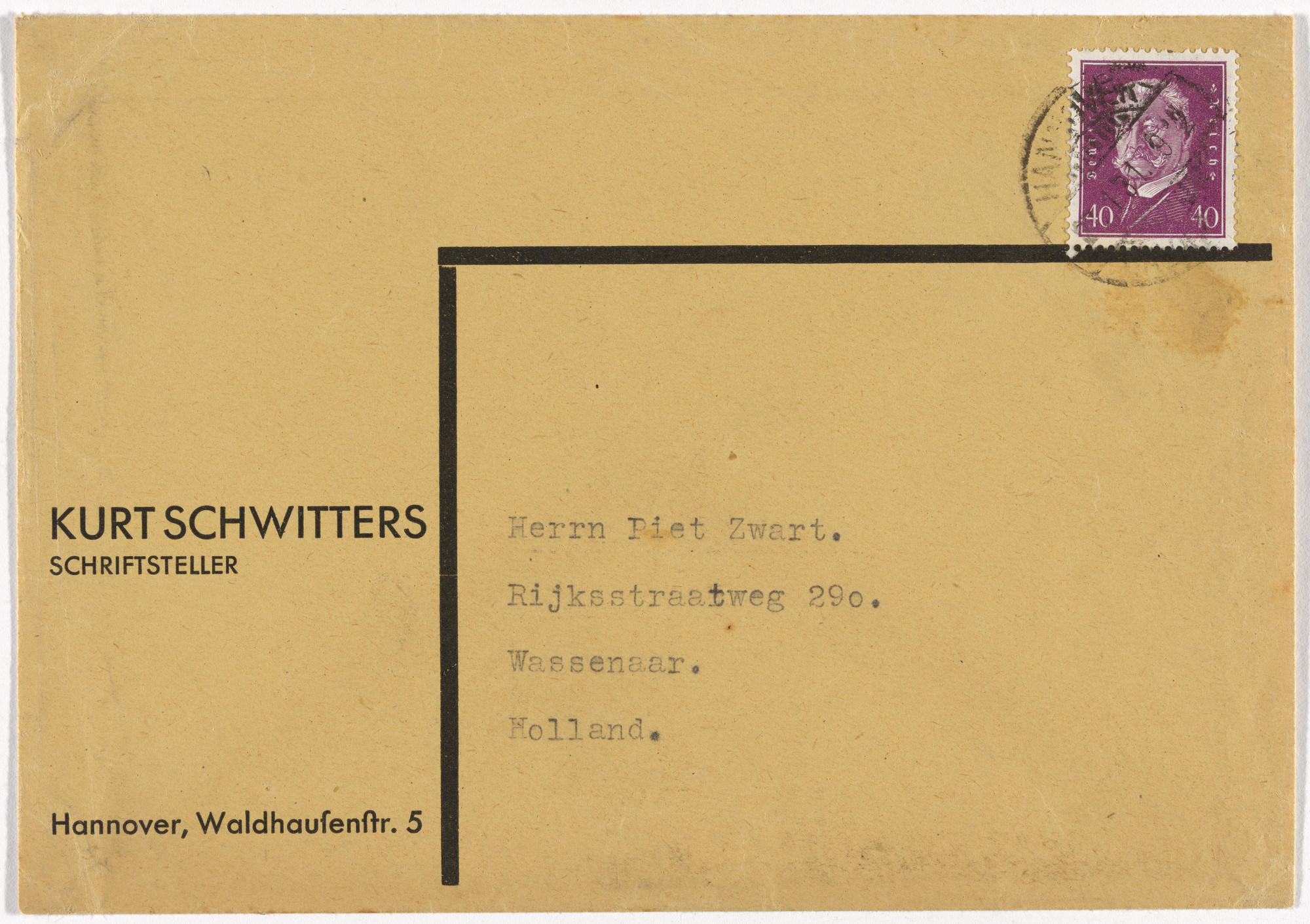 Kurt Schwitters. Stationery envelope for Kurt Schwitters