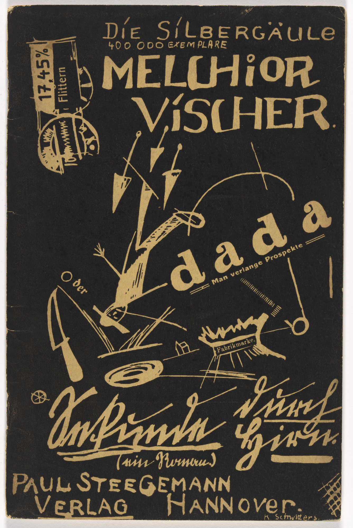 Kurt Schwitters. Cover for Seconds Through the Brain: An Uncannily Fast-Rotating Novel (Sekunde Durch Hirn, Ein unheimlich schnell rotierender Roman) by Melchior Vischer, Die Silbergäule, vol. 59/61