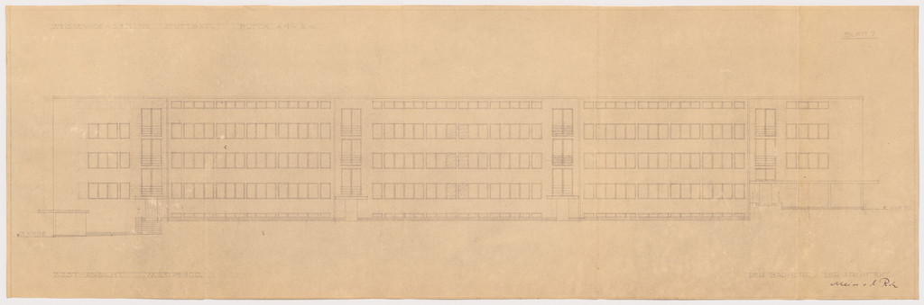 Weissenhof Apartment House, "The Dwelling" Exhibition, Stuttgart, Germany (Plan, block A1-A4, West elevation)