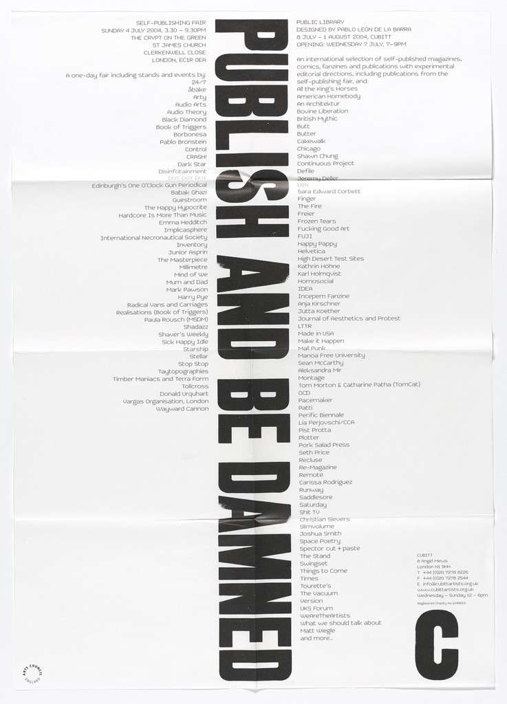 Poster for Public Library of Publish and Be Damned fair, Cubitt, London, July 8–August 1, 2004