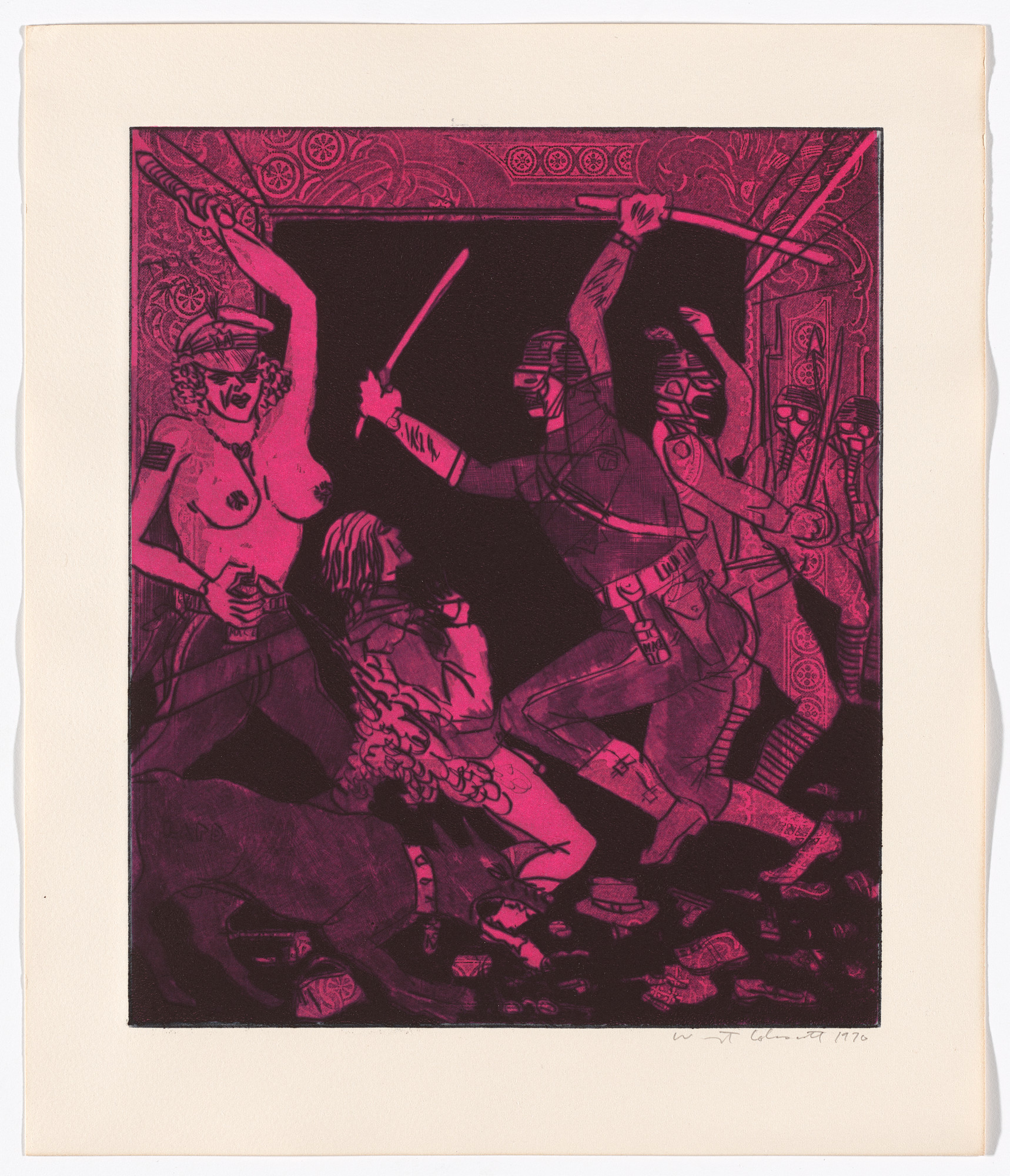 Warrington Colescott. VI: A Club in My Ribs (folio 20) from The Mariposa Suite Nos. I-VI