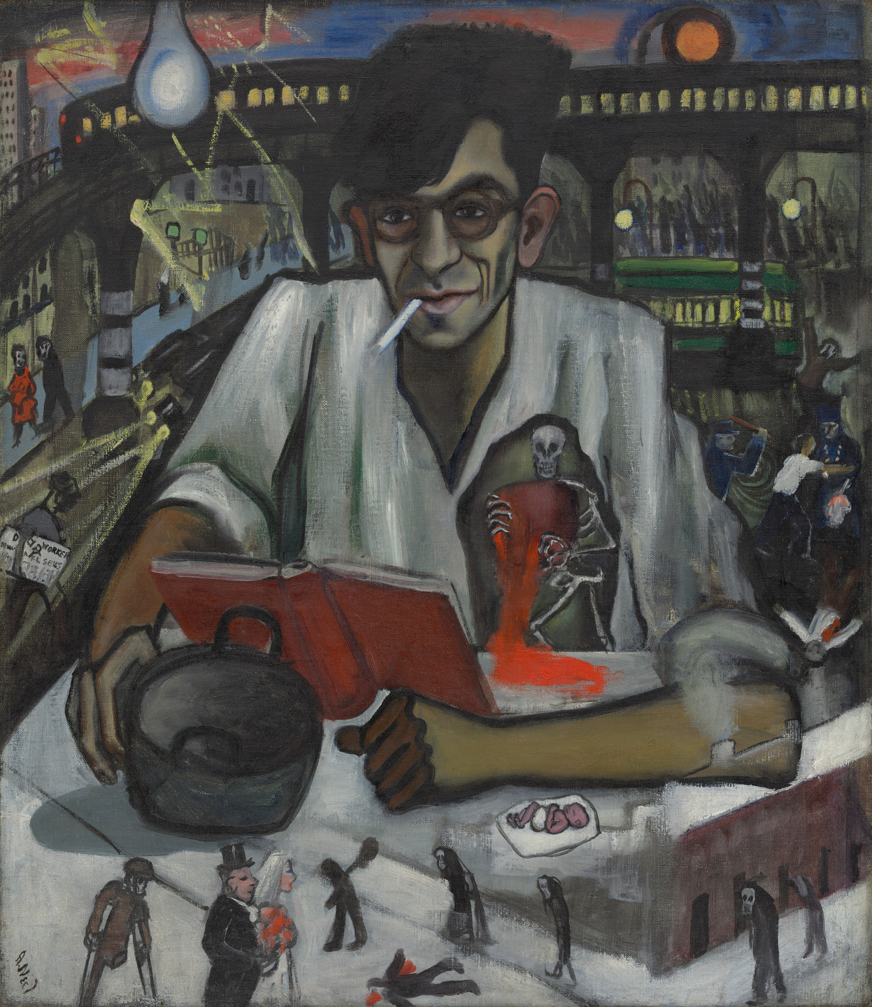 A person with glasses and a cigarette reads a book at a table with a kettle, surrounded by surreal scenes and eerie figures. Predominant colors are dark green, red, and blue. This is an AI generated description. To give feedback, email ai@moma.org.
