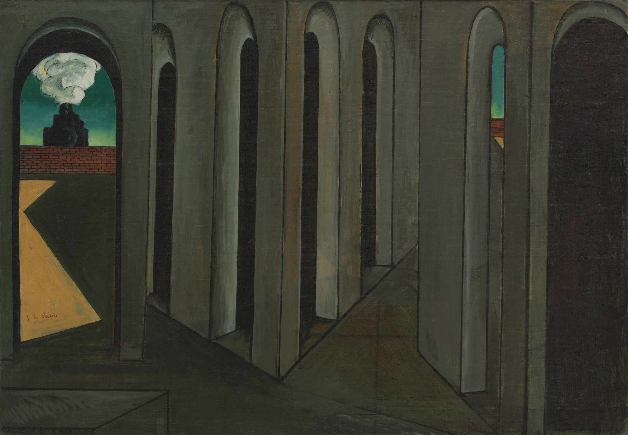 The image depicts a series of tall, grey archways leading to a red-brick wall with a dark steam engine and a cloud of smoke in the background; the sky is greenish-blue, and the floor is dark with a yellow triangular patch. This is an AI generated description. To give feedback, email ai@moma.org.