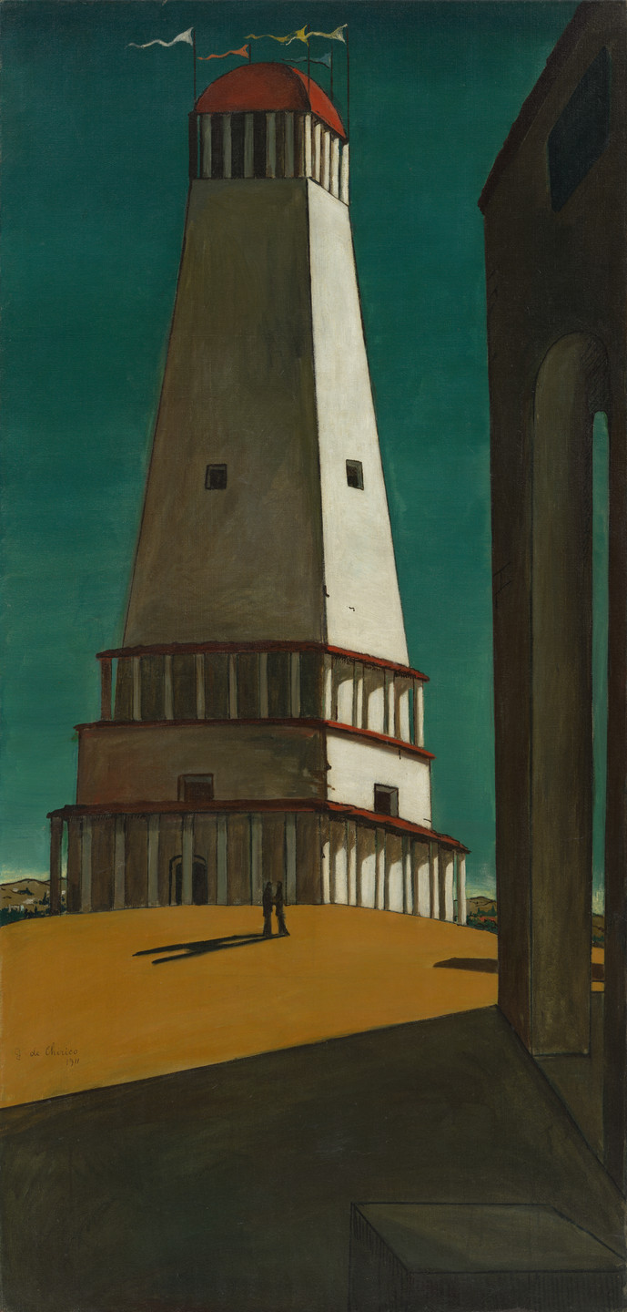 A tall, multi-tiered, white tower with red bands and a red dome stands against a dark teal sky. Two figures cast long shadows on the yellow ground, with an archway visible on the right. This is an AI generated description. To give feedback, email ai@moma.org.