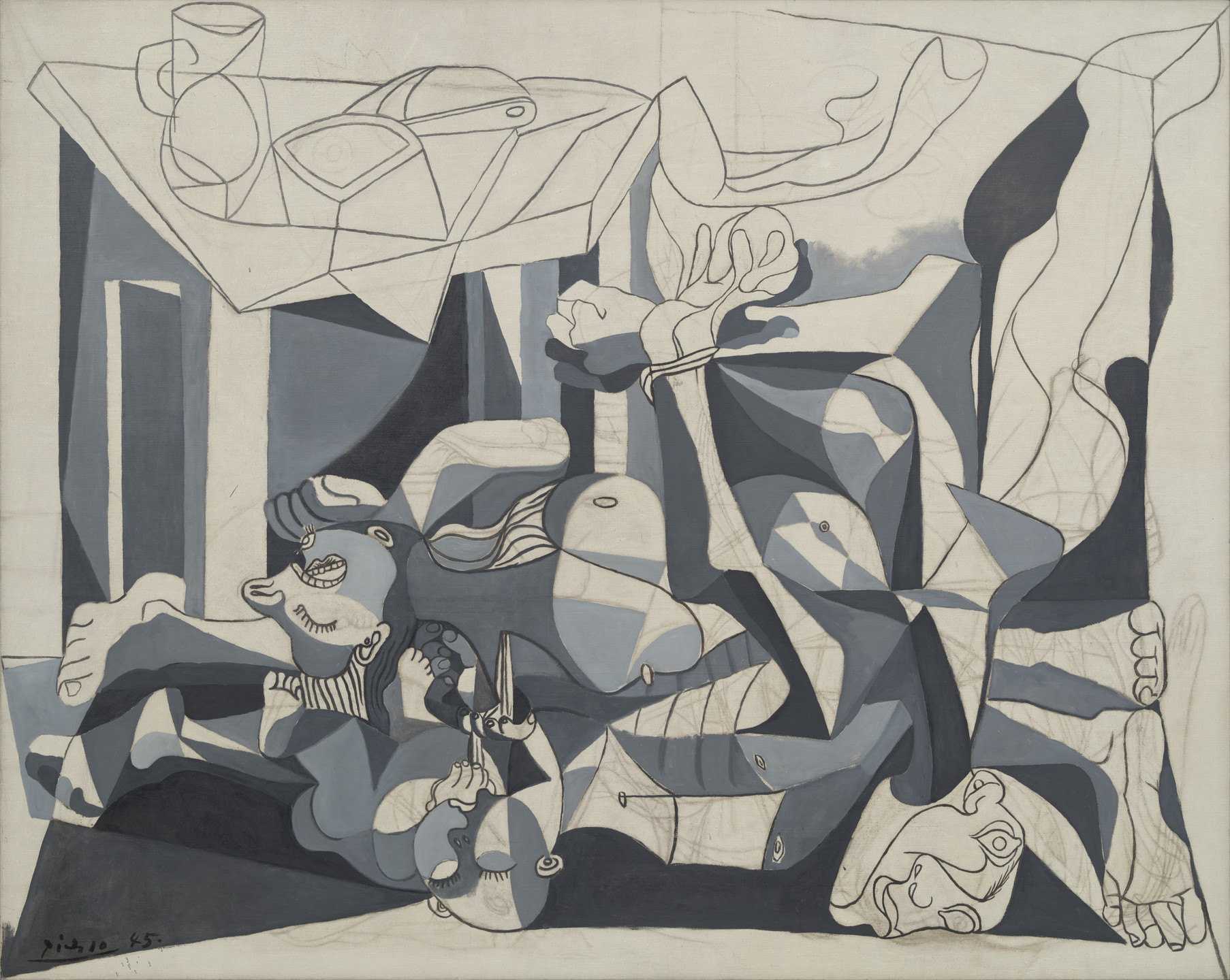 The image shows a complex composition of disjointed shapes and lines in predominant shades of gray and blue. Various elements resembling distorted human parts are intertwined against a backdrop incorporating a table. This is an AI generated description. To give feedback, email ai@moma.org.