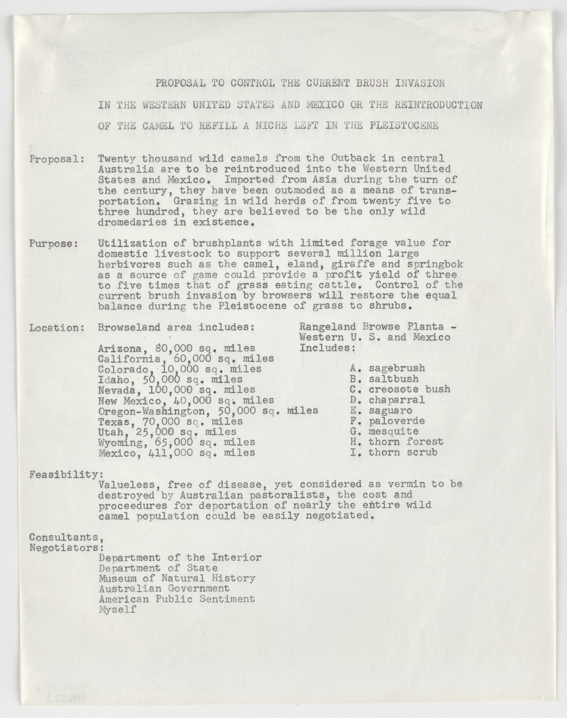 Nancy Graves. Proposal to Control the Current Brush Invasion in the Western United States and Mexico or the Reintroduction of the Camel to Fill a Niche Left in the Pleistocene. 1969