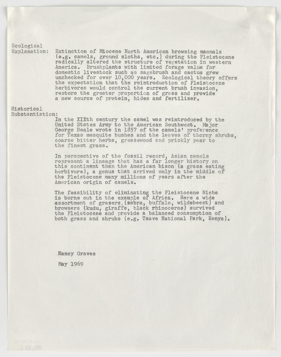 Nancy Graves. Proposal to Control the Current Brush Invasion in the Western United States and Mexico or the Reintroduction of the Camel to Fill a Niche Left in the Pleistocene. 1969