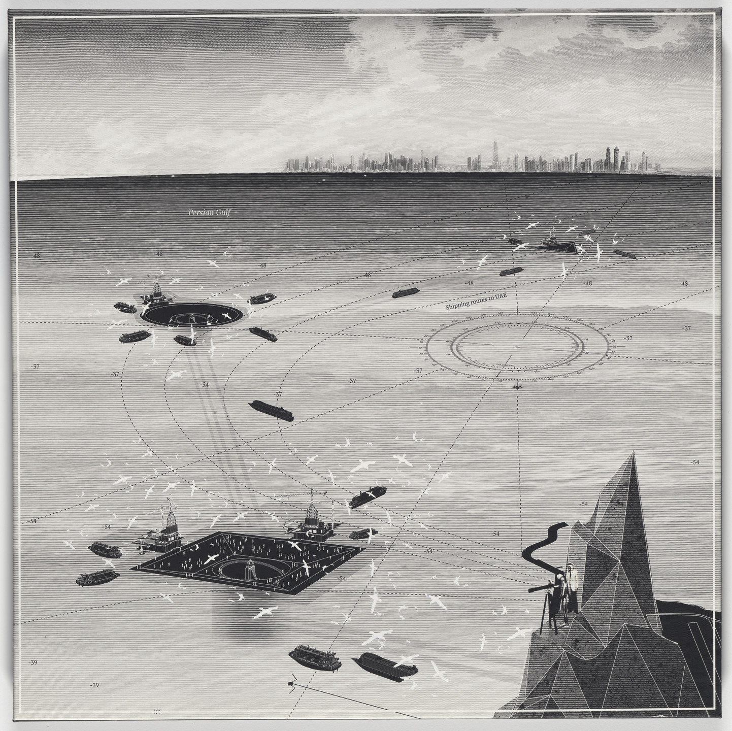 A monochromatic image depicting a seascape with ships surrounded by white birds and navigation routes marked on the water. A distant city skyline is visible on the horizon, and angular mountains are in the foreground. This is an AI generated description. To give feedback, email ai@moma.org.