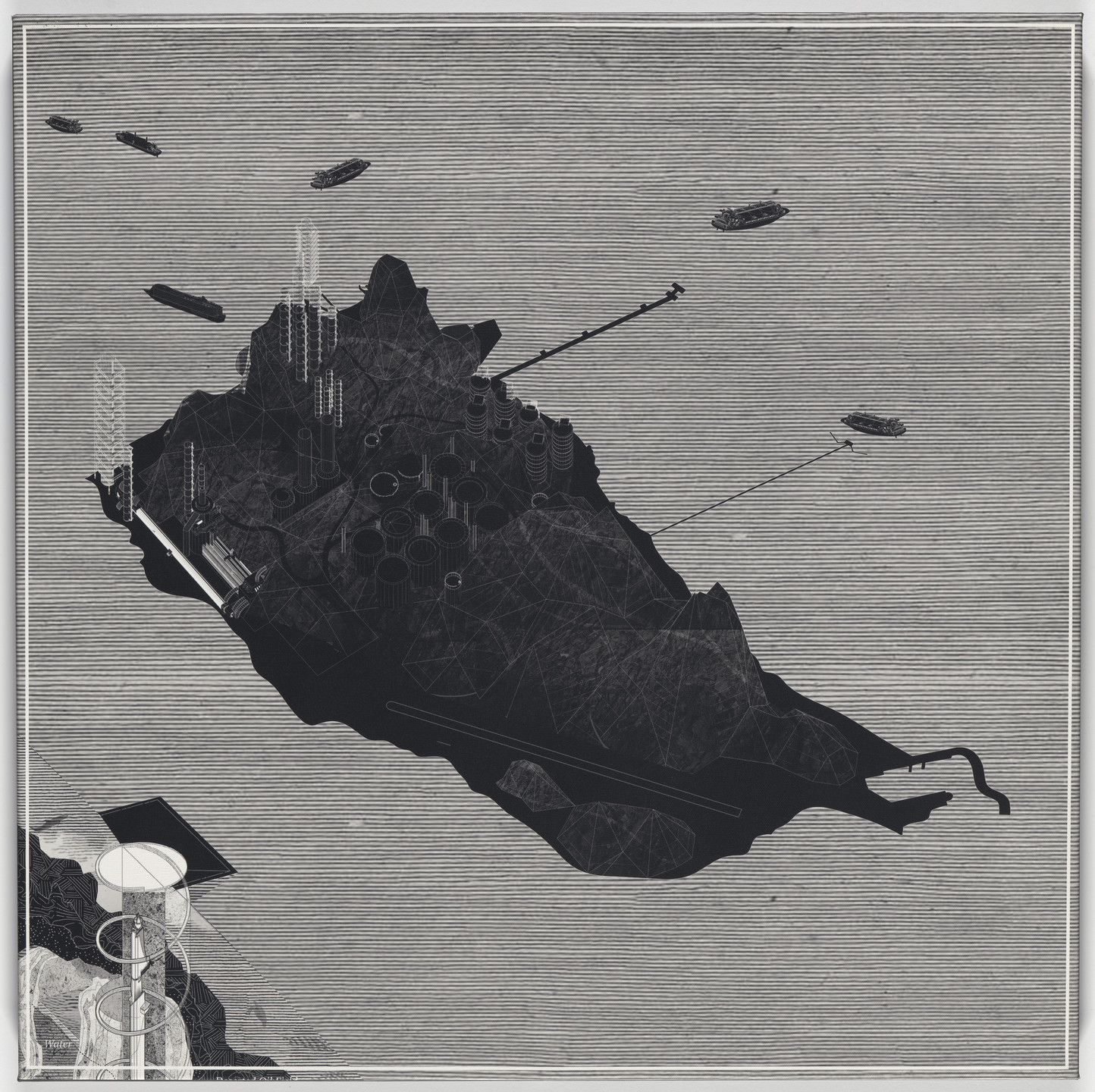 The image depicts a dark, irregularly shaped landmass with various cylindrical structures and lines, against a background of fine horizontal lines. Four small boats are positioned around the landmass. This is an AI generated description. To give feedback, email ai@moma.org.