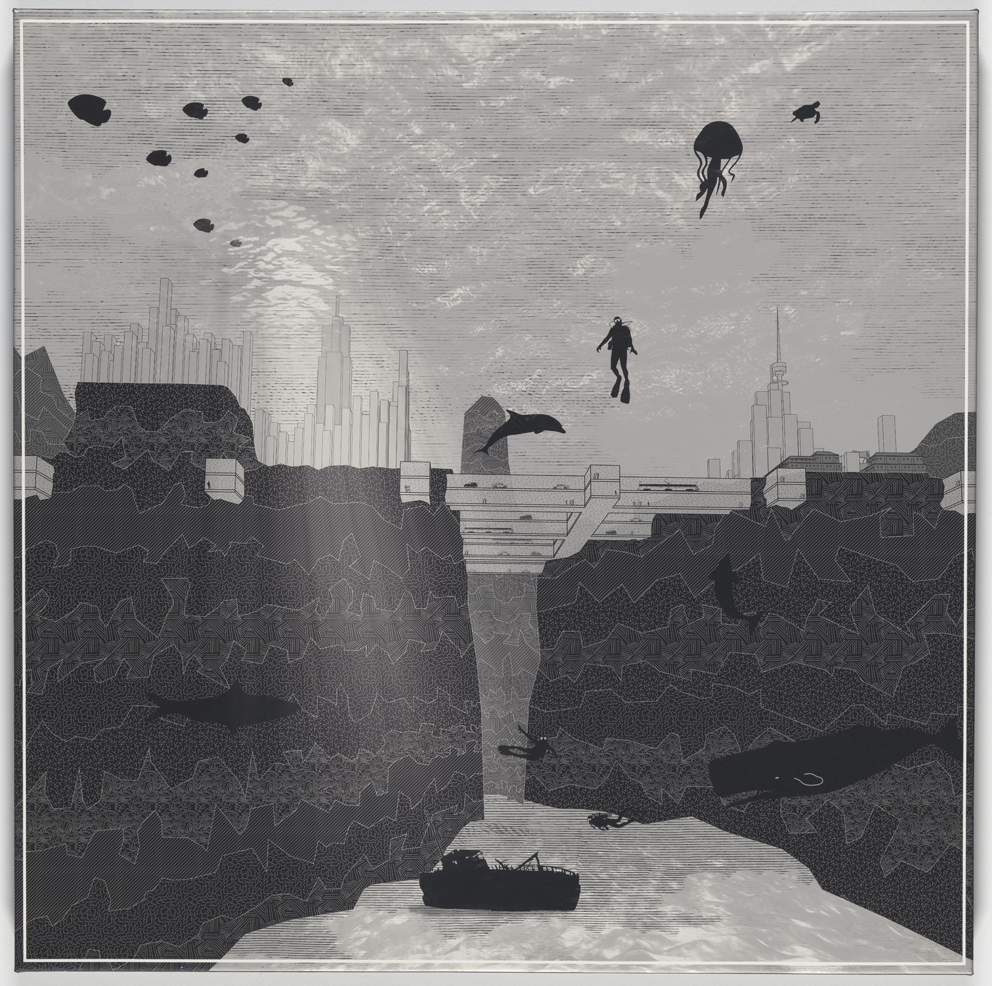 The image depicts a grayscale, underwater scene with structures resembling cityscapes in the background. Silhouettes of various sea creatures, a person, and a shipwreck are seen throughout the image. This is an AI generated description. To give feedback, email ai@moma.org.