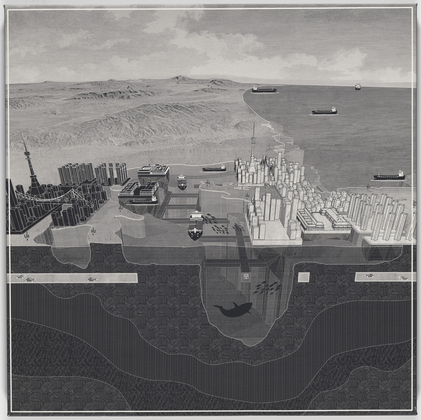 The image shows a grayscale coastal city with densely packed buildings and ships in the water. There are patterns and shadows, including a large fish deep beneath the surface. This is an AI generated description. To give feedback, email ai@moma.org.