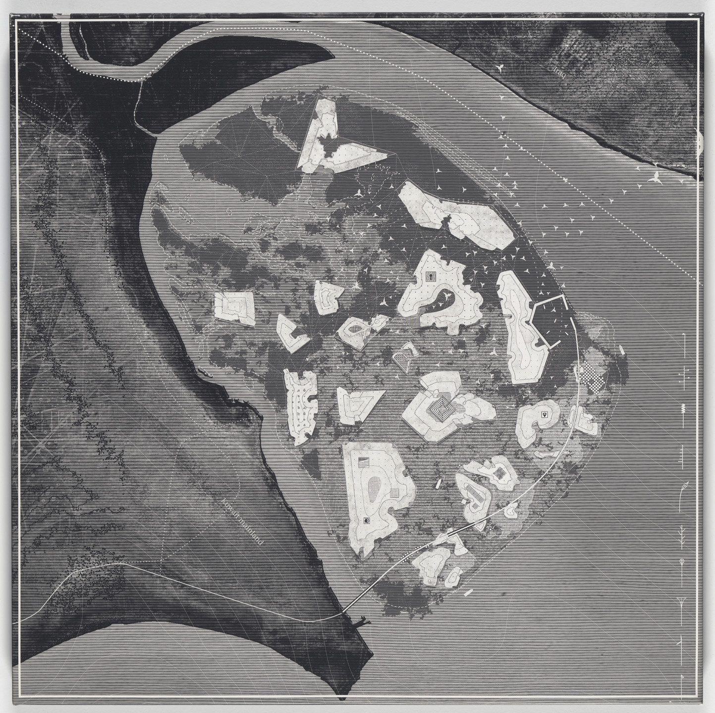 A grayscale aerial map shows an irregular-shaped landmass with various geometric patterns and shapes distributed throughout. The left section of the image displays dense dark shading representing land, while the right side gradually transitions to lighter shades and water. This is an AI generated description. To give feedback, email ai@moma.org.