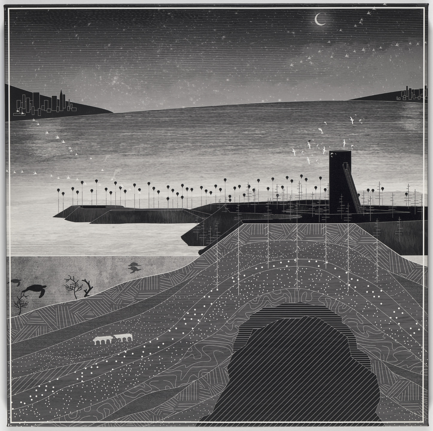 The primarily black and white image features a nighttime coastal landscape with a crescent moon, distant cityscapes, many palm trees, and some geometric patterns in the foreground. Birds are flying across the sky and two small animals are visible on a hill. This is an AI generated description. To give feedback, email ai@moma.org.