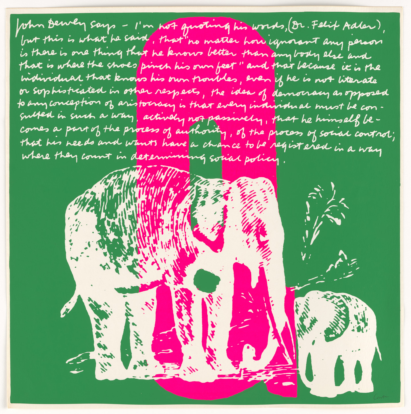 Corita Kent (Sister Mary Corita). Q elephant's q from circus alphabet. 1968