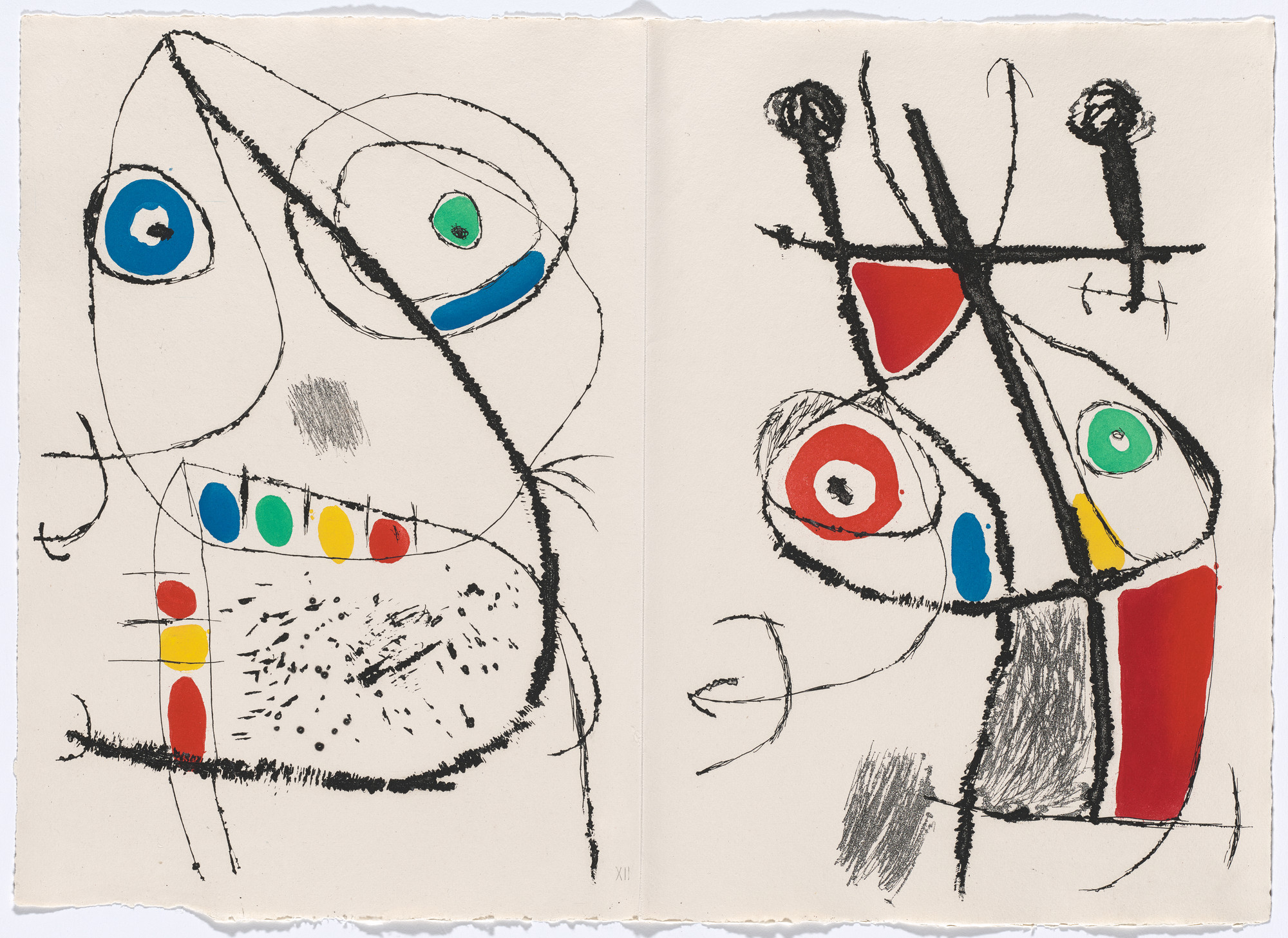 Joan Miró. Double page plate XII (folios 47 and 50 verso) from Le Courtisan grotesque ( The Grotesque Courtier )