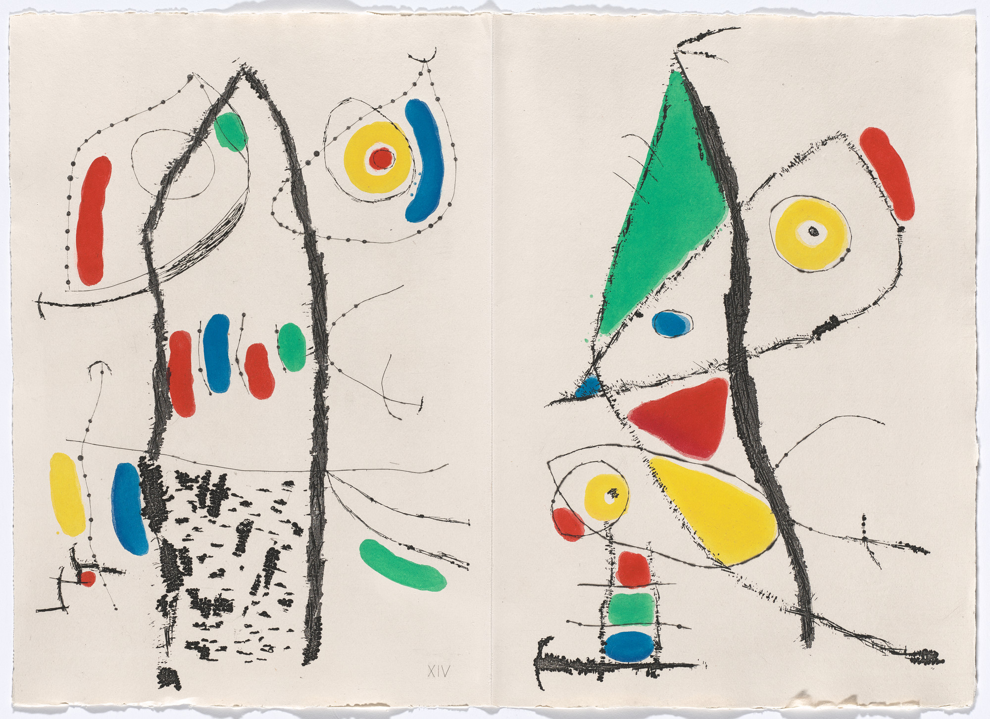 Joan Miró. Double page plate XIV (folios 55 and 58 verso) from Le Courtisan grotesque ( The Grotesque Courtier )