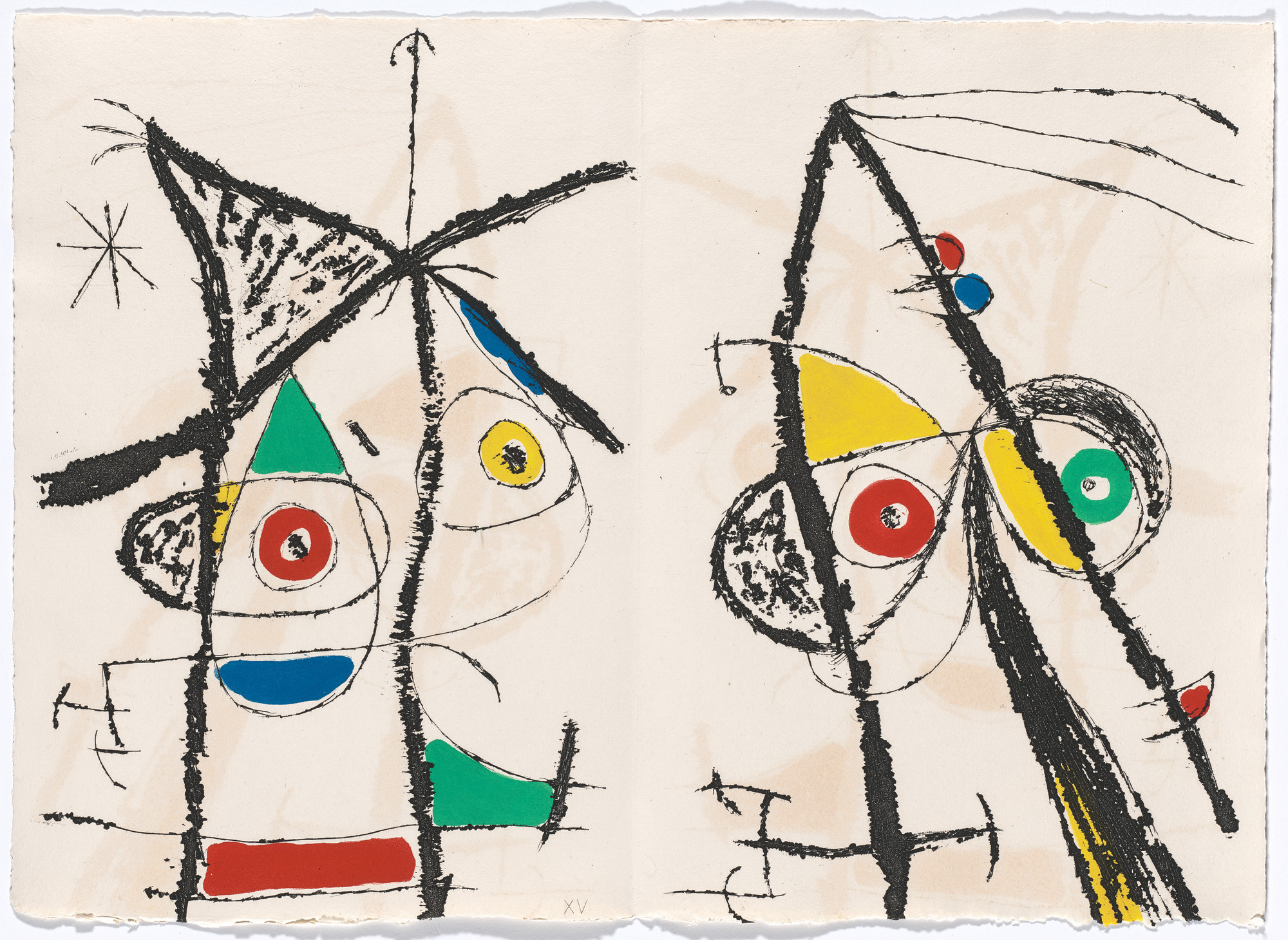 Joan Miró. Double page plate XV (folios 60 verso and 61) from Le Courtisan grotesque ( The Grotesque Courtier )