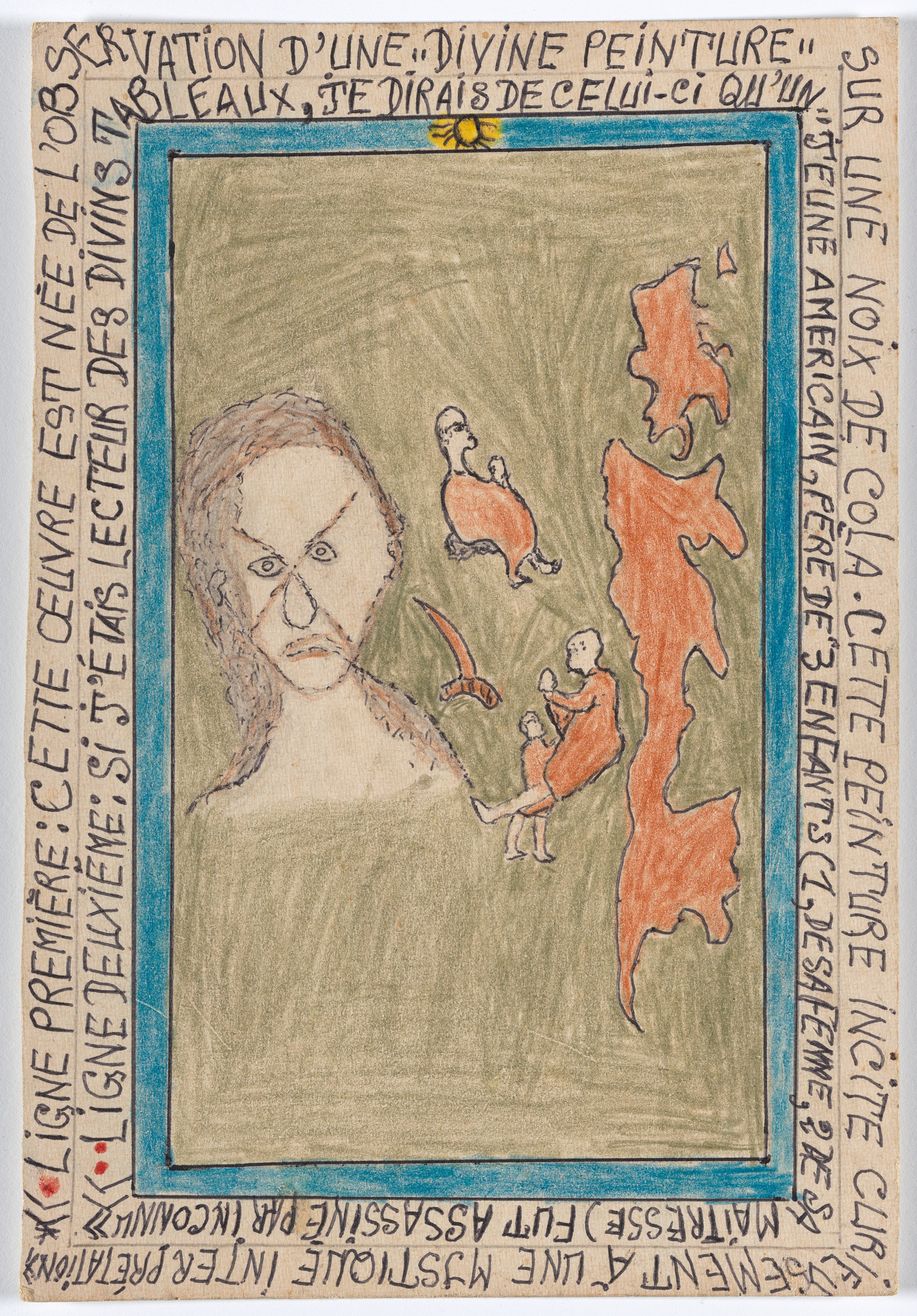 Frédéric Bruly Bouabré. «Ligne première: Cette œuvre est née de l'observation d'une "divine peinture" sur une noix de cola. Cette peinture incite curieusement à une mystique interprétation» «Ligne deuxième: Si j'étais lecteur des divins tableaux, je dirais de celui-ci qu'un "jeune américain, père de 3 enfants (1 de sa femme, 2 de sa maîtresse) fut assassiné par inconnu.» from Connaissance du Monde