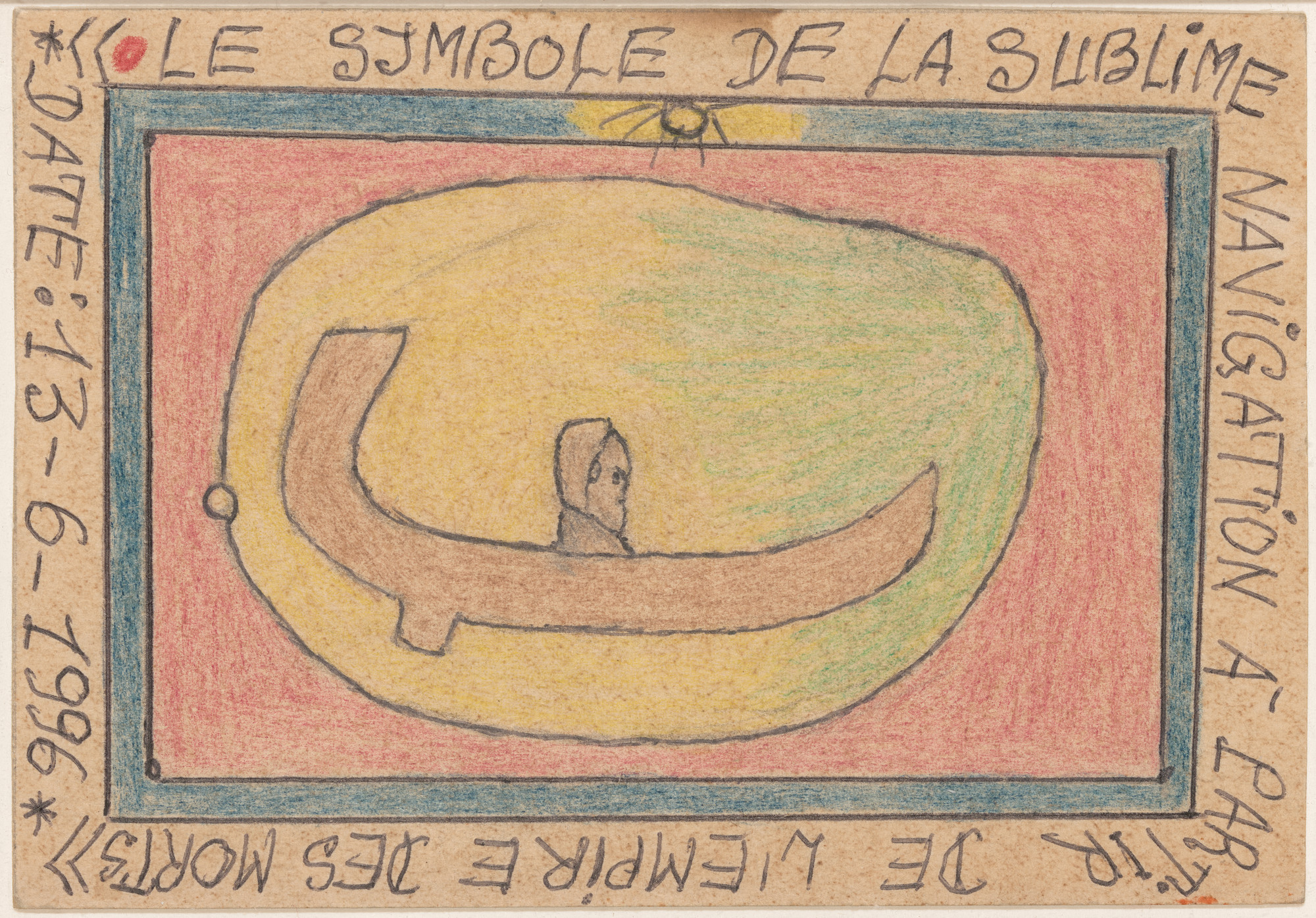 Frédéric Bruly Bouabré. «Le symbole de la sublime navigation à partir de l'Empire des Morts» Date: 13-6-1996 from Connaissance du Monde