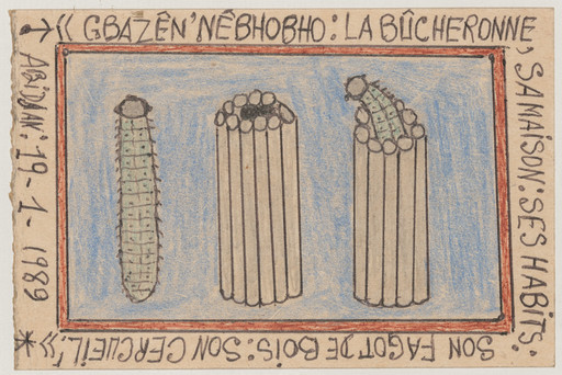 «GBAZÊ'NÊBHOBHO: la bûcheronne, sa maison: ses habits: son fagot de bois: son cercueil!» Abidjan: 19-1-1989 from Connaissance du Monde