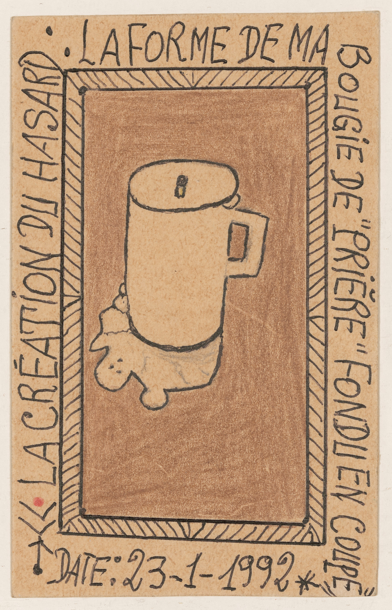 Frédéric Bruly Bouabré. «La création du hasard: la forme de ma bougie de "prière" fondu en coupe» Date: 23-1-1992 from Connaissance du Monde