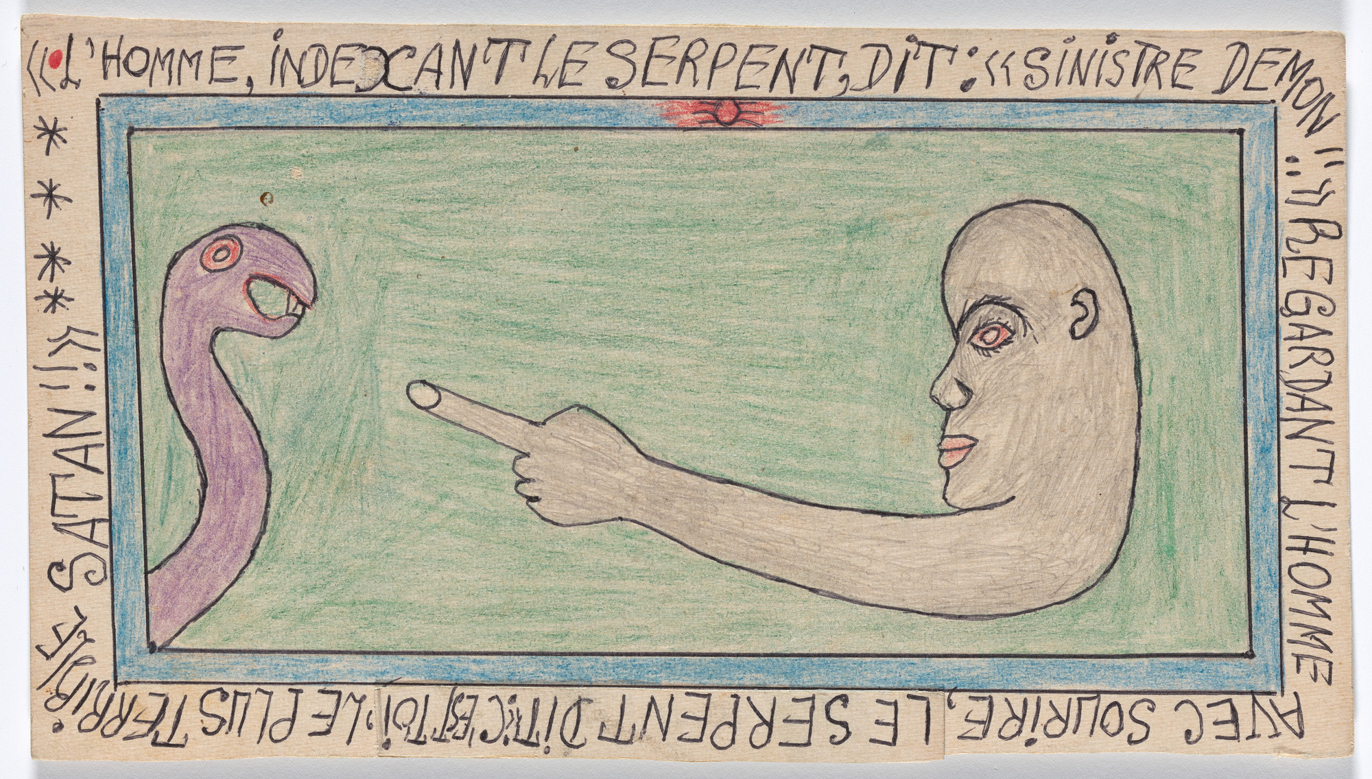 Frédéric Bruly Bouabré. «L'homme, indexant le Serpent, dit: «sinistre Demon!!» Regardant l'homme avec sourire, le serpent dit: «C'est toi, le plus terrible Satan!!» from Connaissance du Monde