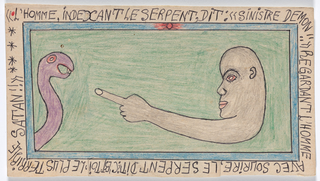 «L'homme, indexant le Serpent, dit: «sinistre Demon!!» Regardant l'homme avec sourire, le serpent dit: «C'est toi, le plus terrible Satan!!» from Connaissance du Monde