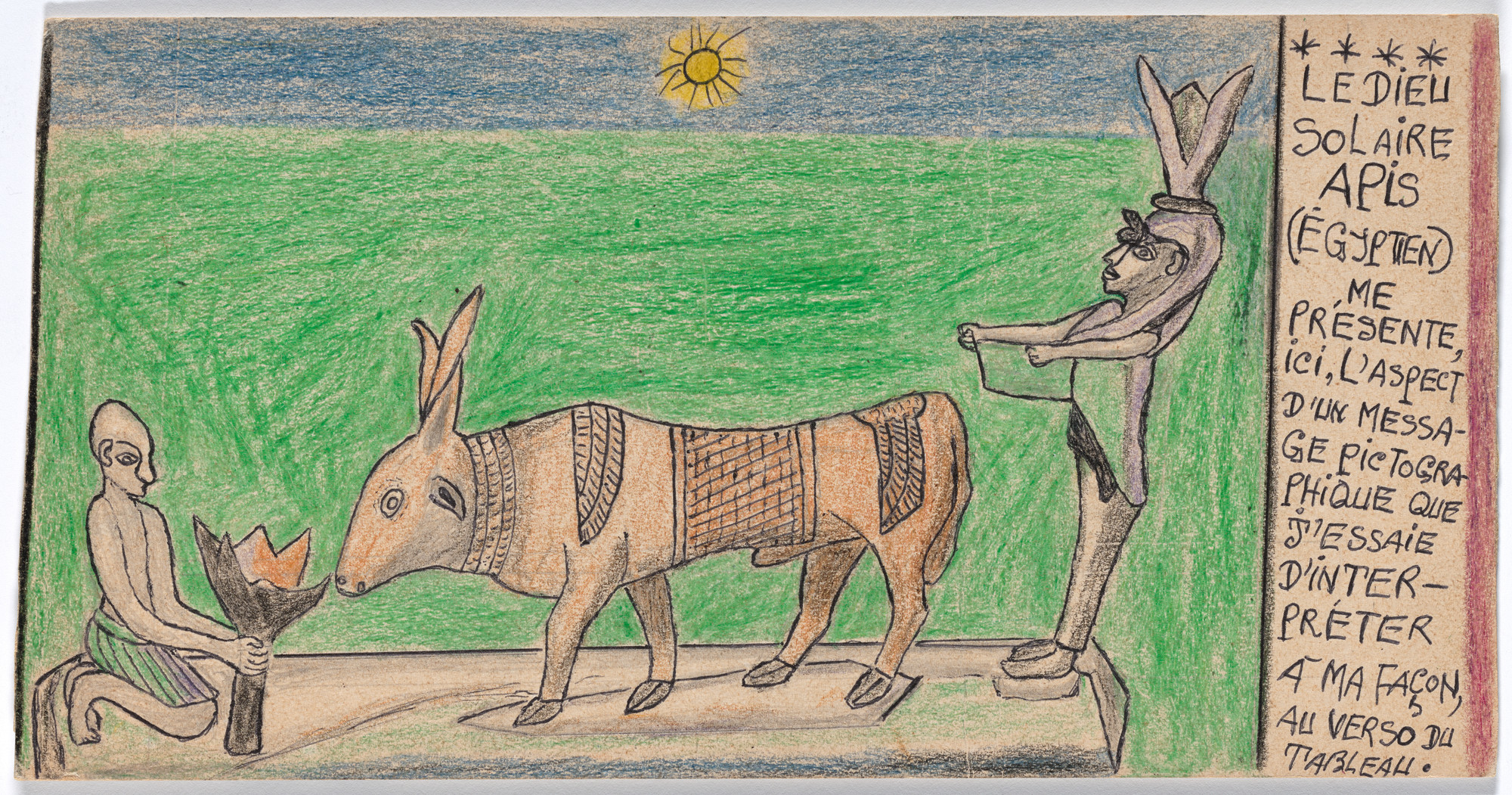 Frédéric Bruly Bouabré. Le Dieu Solaire APIS (Égyptien) me présente, ici, l'aspect d'un message pictographique que j'essaie d'interpréter à ma façon, au verso du tableau from Connaissance du Monde