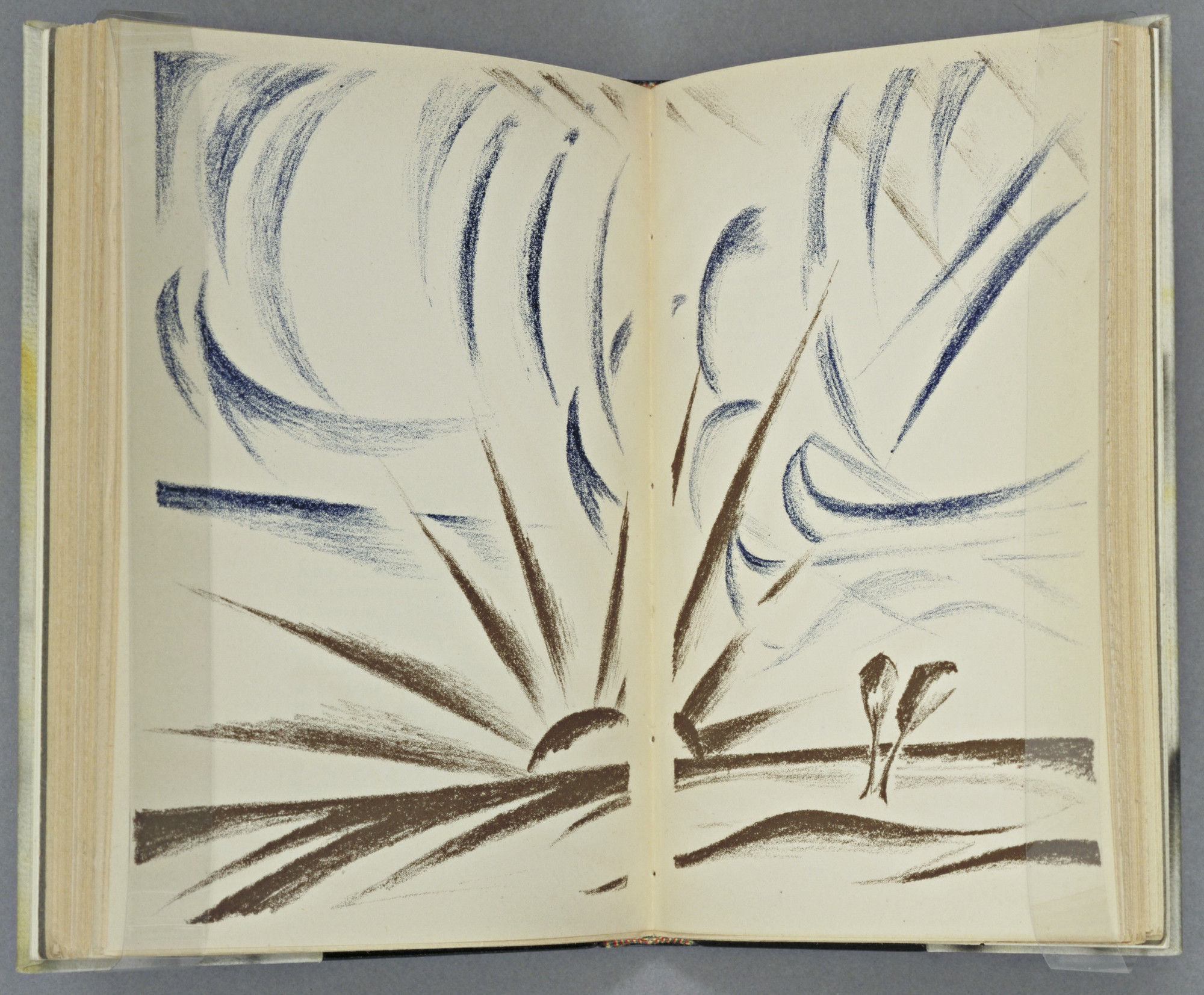 Natalia Goncharova. Double page plate (between pages 86 and 87) from Vertogradari Nad Lozami ( Gardeners over the Vines )
