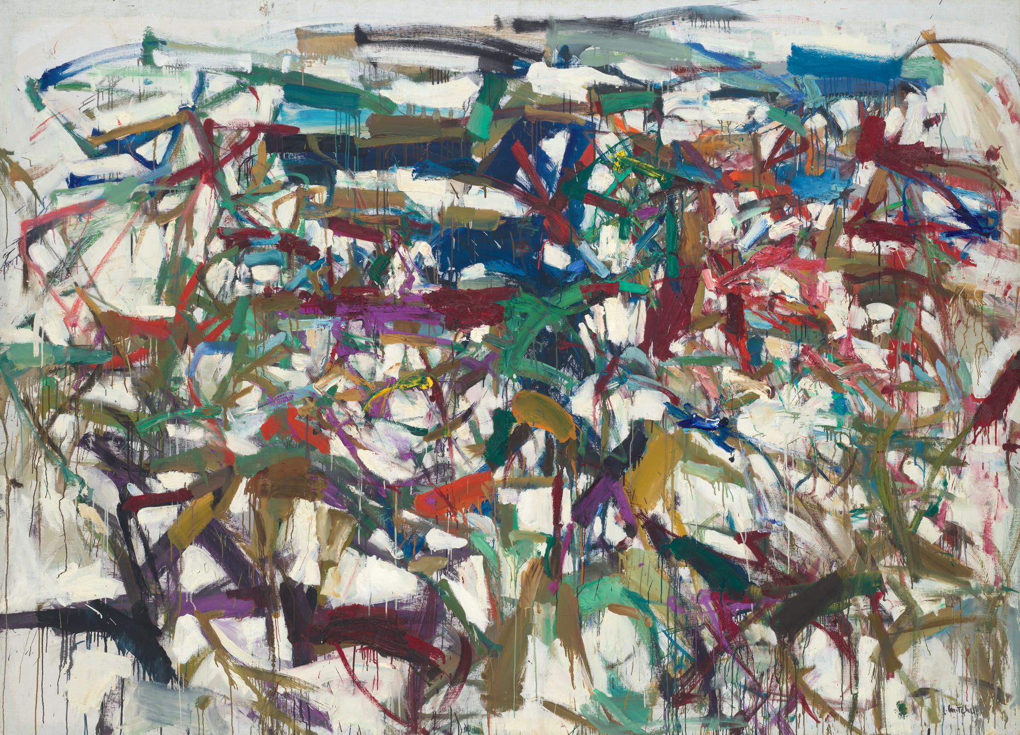 The image shows a chaotic blend of vibrant colors, including green, blue, red, and purple, with splashes and drips on a predominantly white background. There are various overlapping strokes and lines with some areas of color blending together. This is an AI generated description. To give feedback, email ai@moma.org.