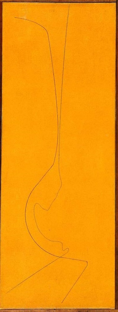 The image depicts a simple black line drawing on a predominantly orange background, with the lines forming a minimalistic, curved shape that suggests a side profile. The background is a uniform, bright orange color. This is an AI generated description. To give feedback, email ai@moma.org.