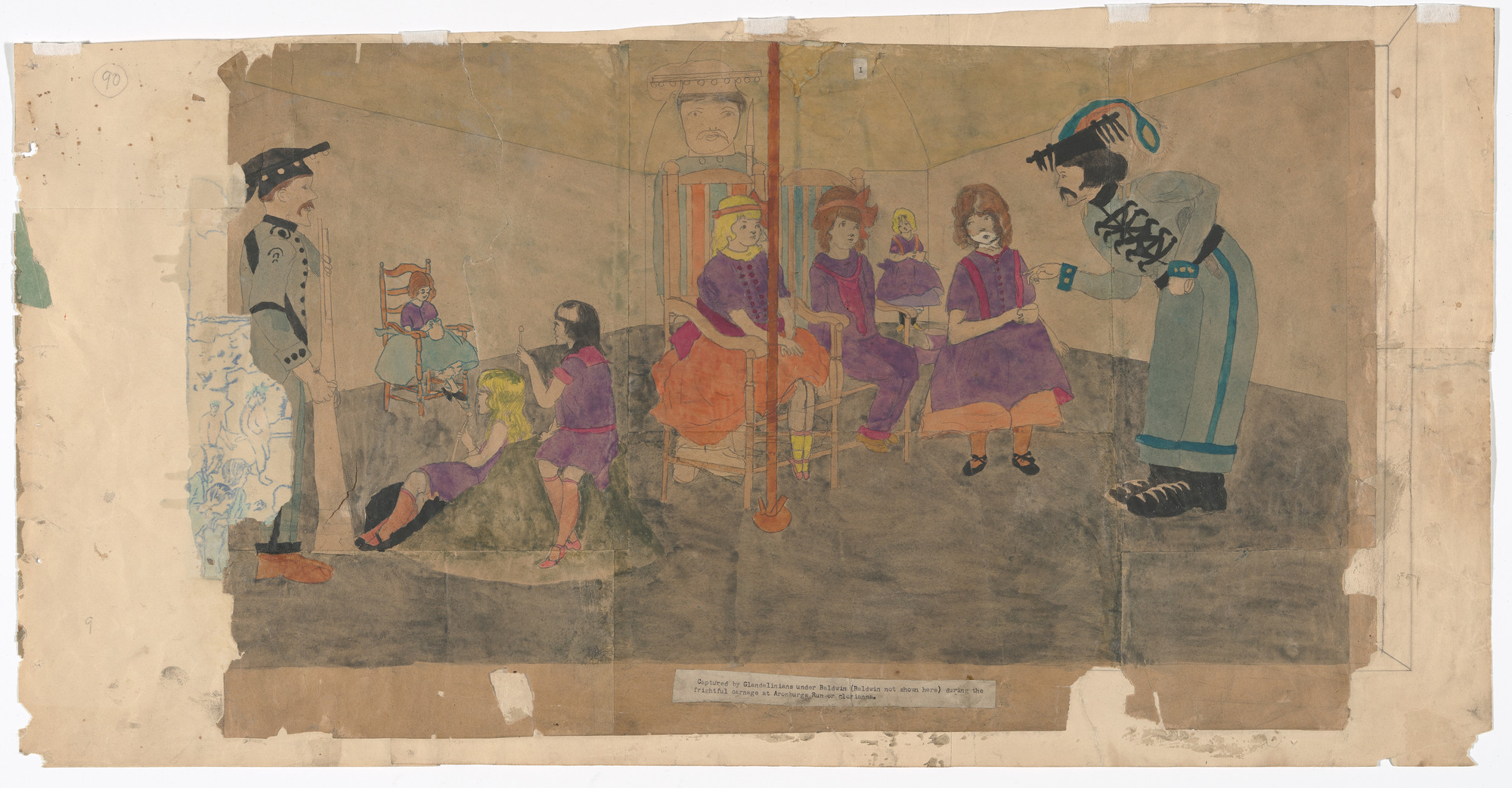 Henry Darger. a) Captured by Glandelinians under Baldwin (Baldwin not shown here) during the frightful carnage at Aronburgs Run or Glorianna b) Picture No Two of the same scenes. n.d.