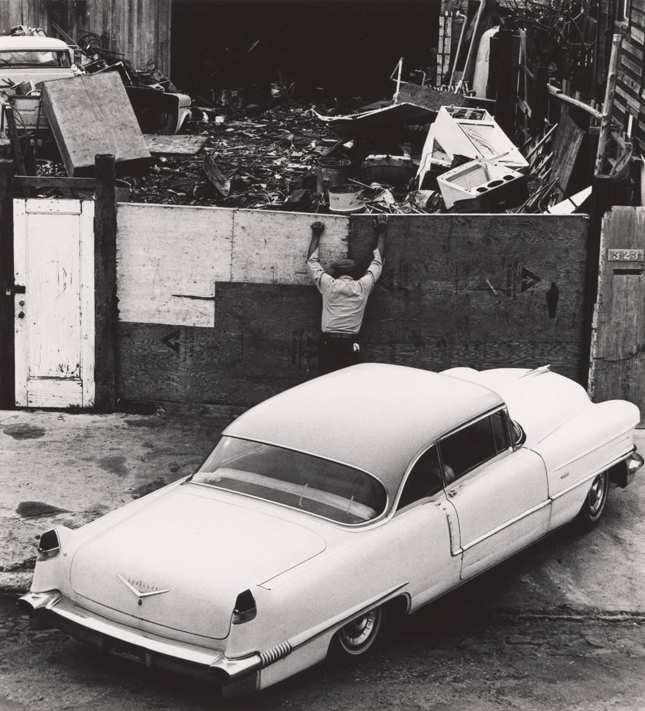 Man and Cadillac at Scrap Lumber Yard, West Oakland, CA