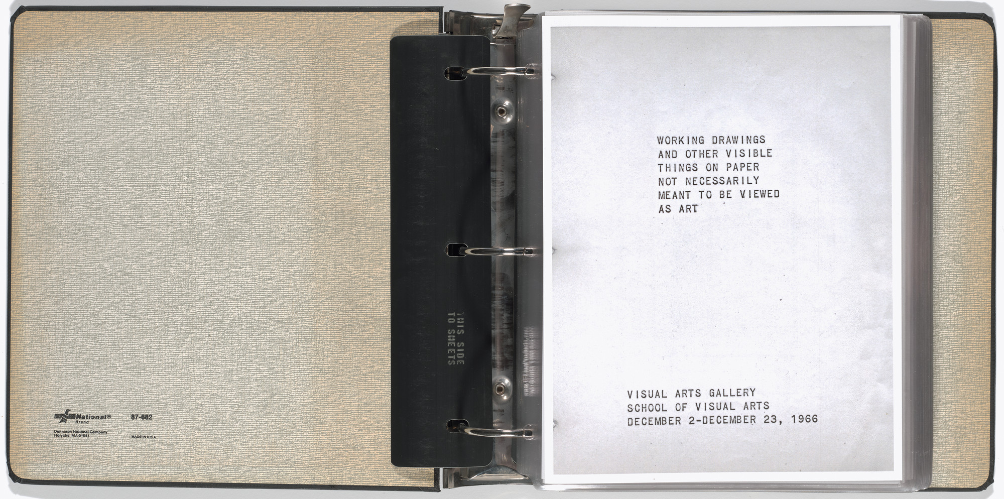 Mel Bochner, Carl Andre, Arthur Babakhanian, Jo Baer, John Cage, M. Carsiodes, Tom Clancy, Dan Flavin, James Ingo Freed, Milton Glaser, Dan Graham, Eva Hesse, Alfred Jensen, Donald Judd, Michael Kirby, William Kolakoski, Robert Lepper, Sol LeWitt, Robert Mangold, Robert Moskowitz, Tom Russell, Scientific American, Robert Smithson, Kenneth Snelson, Karlheinz Stockhausen, Tippetts-Abbett-McCarthy-Stratton (Engineers and Architects), Various Artists. Working Drawings and Other Visible Things on Paper Not Necessarily Meant to be Viewed as Art. 1966