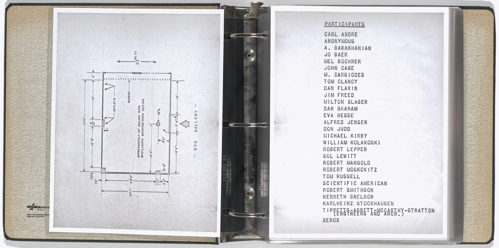 Mel Bochner, Carl Andre, Arthur Babakhanian, Jo Baer, John Cage, M. Carsiodes, Tom Clancy, Dan Flavin, James Ingo Freed, Milton Glaser, Dan Graham, Eva Hesse, Alfred Jensen, Donald Judd, Michael Kirby, William Kolakoski, Robert Lepper, Sol LeWitt, Robert Mangold, Robert Moskowitz, Tom Russell, Scientific American, Robert Smithson, Kenneth Snelson, Karlheinz Stockhausen, Tippetts-Abbett-McCarthy-Stratton (Engineers and Architects), Various Artists. Working Drawings and Other Visible Things on Paper Not Necessarily Meant to be Viewed as Art. 1966
