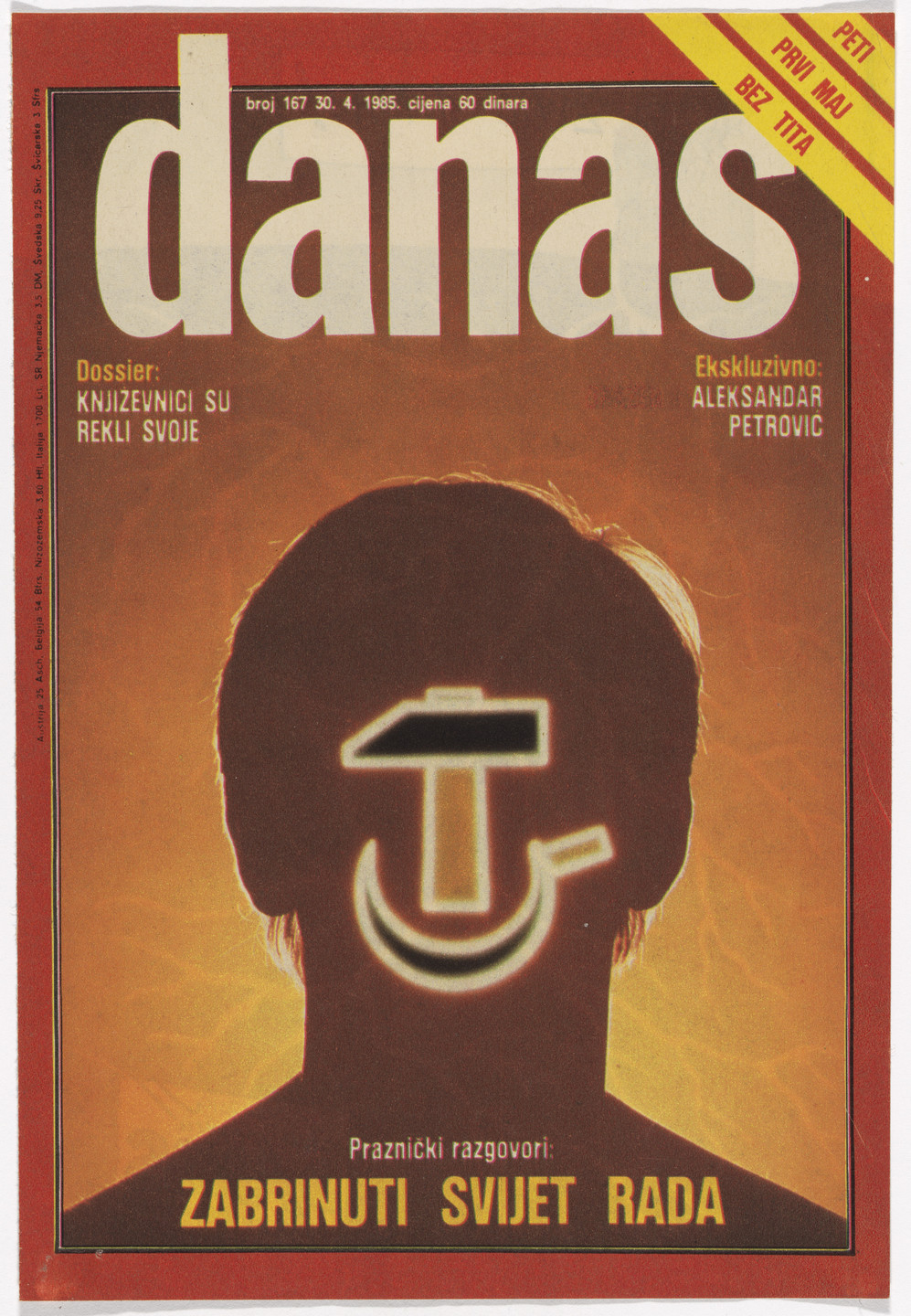 Mirko Ilić, Luka Mjeda. Zabrinuti sviejt rada (Worried labor force) (Design for the cover of Danas magazine, no. 167). 1985