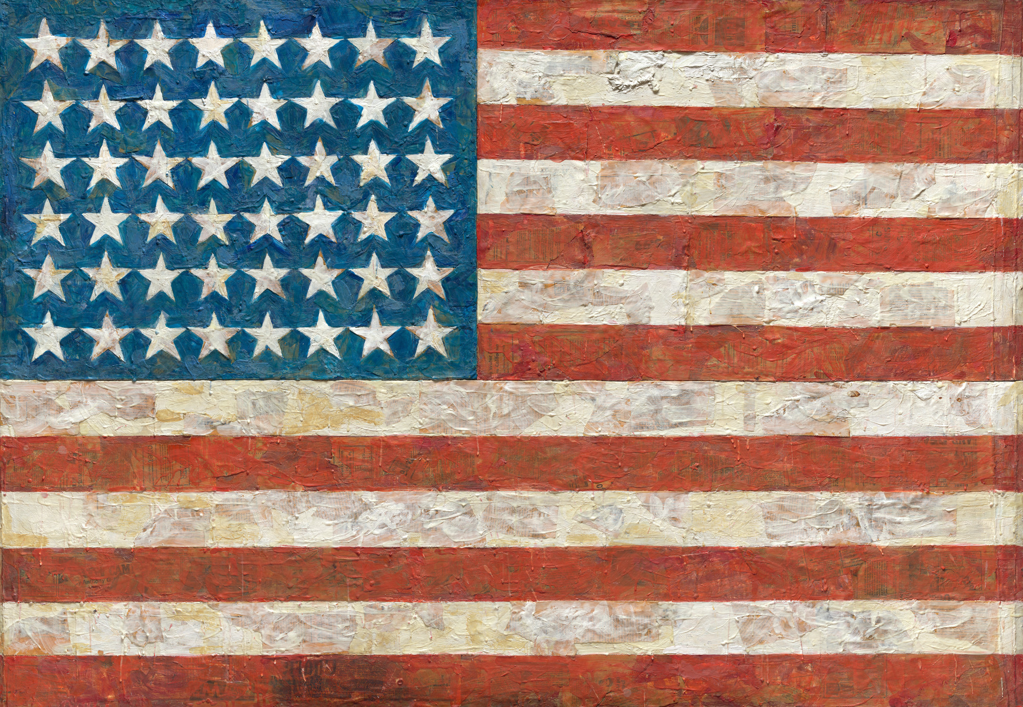 This painting depicts the United States flag. The upper left corner has 48 white stars on a blue square. The rest is alternating red and off white stripes. The encaustic paint is thickly apprlied and brushstrokes are visible, revealing some newspaper beneath. This is an AI generated description. To give feedback, email ai@moma.org.