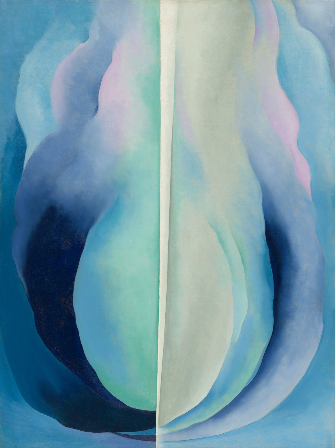 Blue, green, and white shapes curve around a central off-white vertical band. The blue shapes are darker at the bottom of the image and get lighter toward the top. This is an AI generated description. To give feedback, email ai@moma.org.