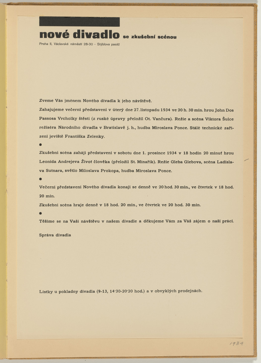 Ladislav Sutnar. Theater Signs and Forms (Divadelní cedule a tiskopisy). c. 1938
