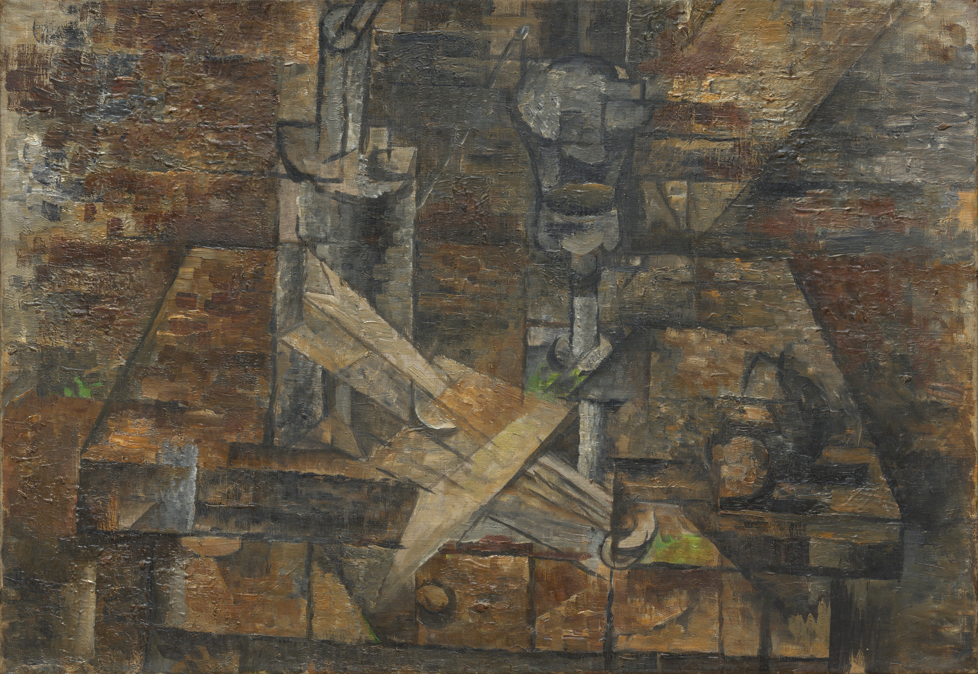 A composition is rendered in muted browns, greys, and golds with patches of white and green. Shapes resembling bottles and carpentry tools are arranged on a flat surface in front of an ambiguous background. This is an AI generated description. To give feedback, email ai@moma.org.