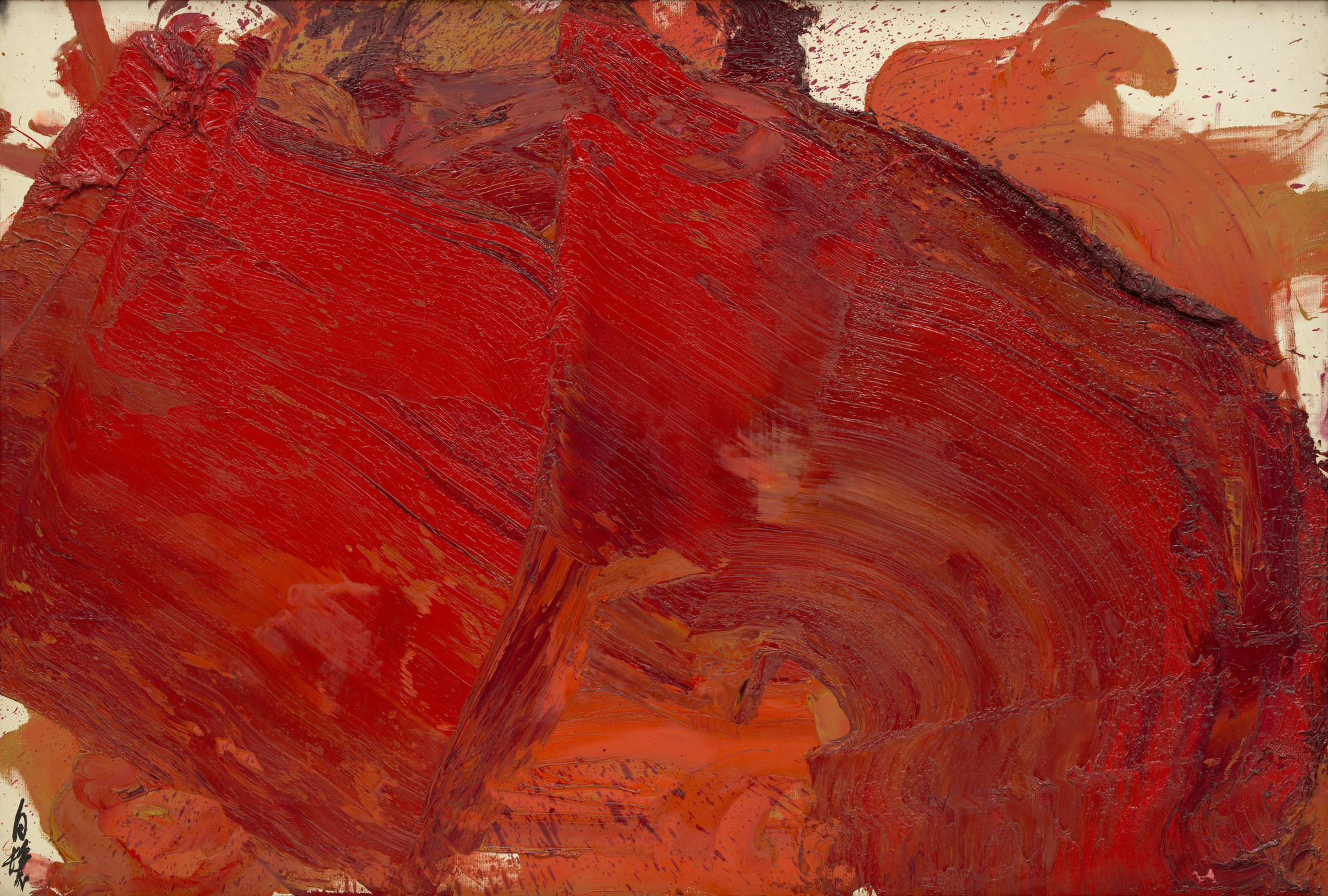The image shows a canvas heavily covered in red paint with visible thick brushstrokes and texture. Hints of orange and brown are seen underneath the prominent red areas. This is an AI generated description. To give feedback, email ai@moma.org.