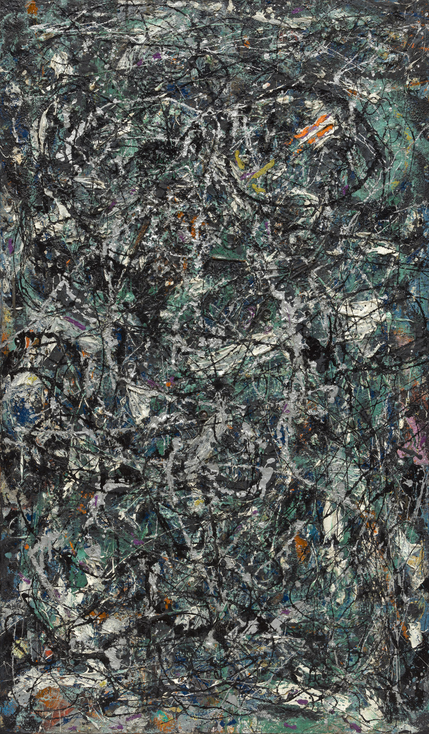 A painting with a dense, intricate pattern of swirling lines and splatters in black, white, green, and hints of orange and purple. The colors are randomly distributed throughout the canvas. This is an AI generated description. To give feedback, email ai@moma.org.
