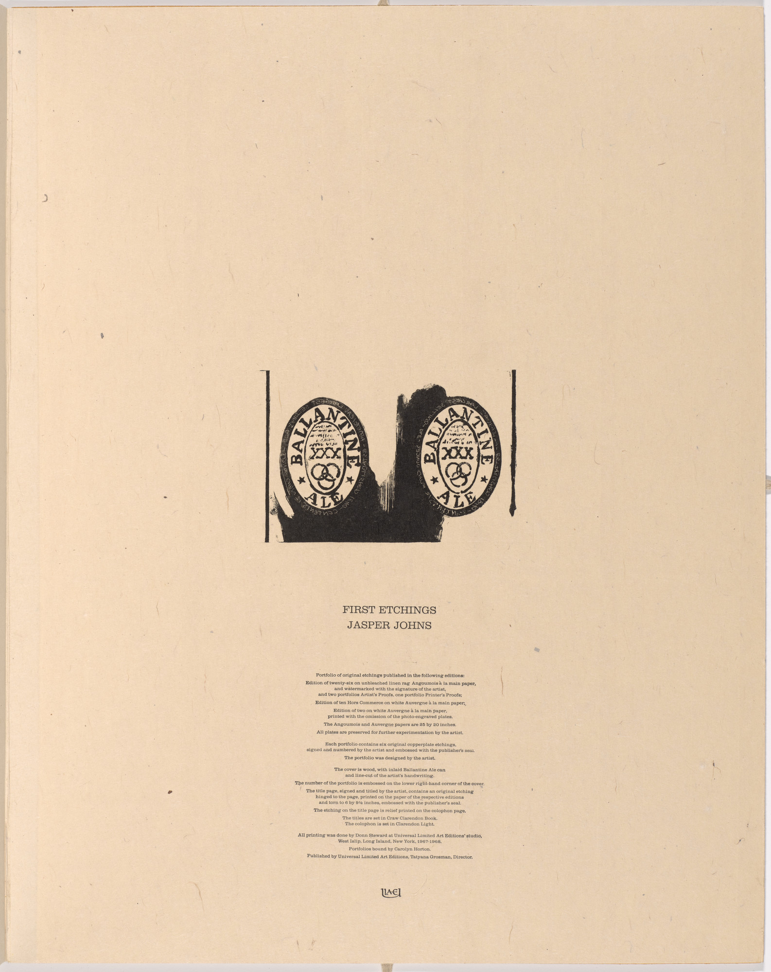 Jasper Johns. Ale Cans (colophon) from 1st Etchings